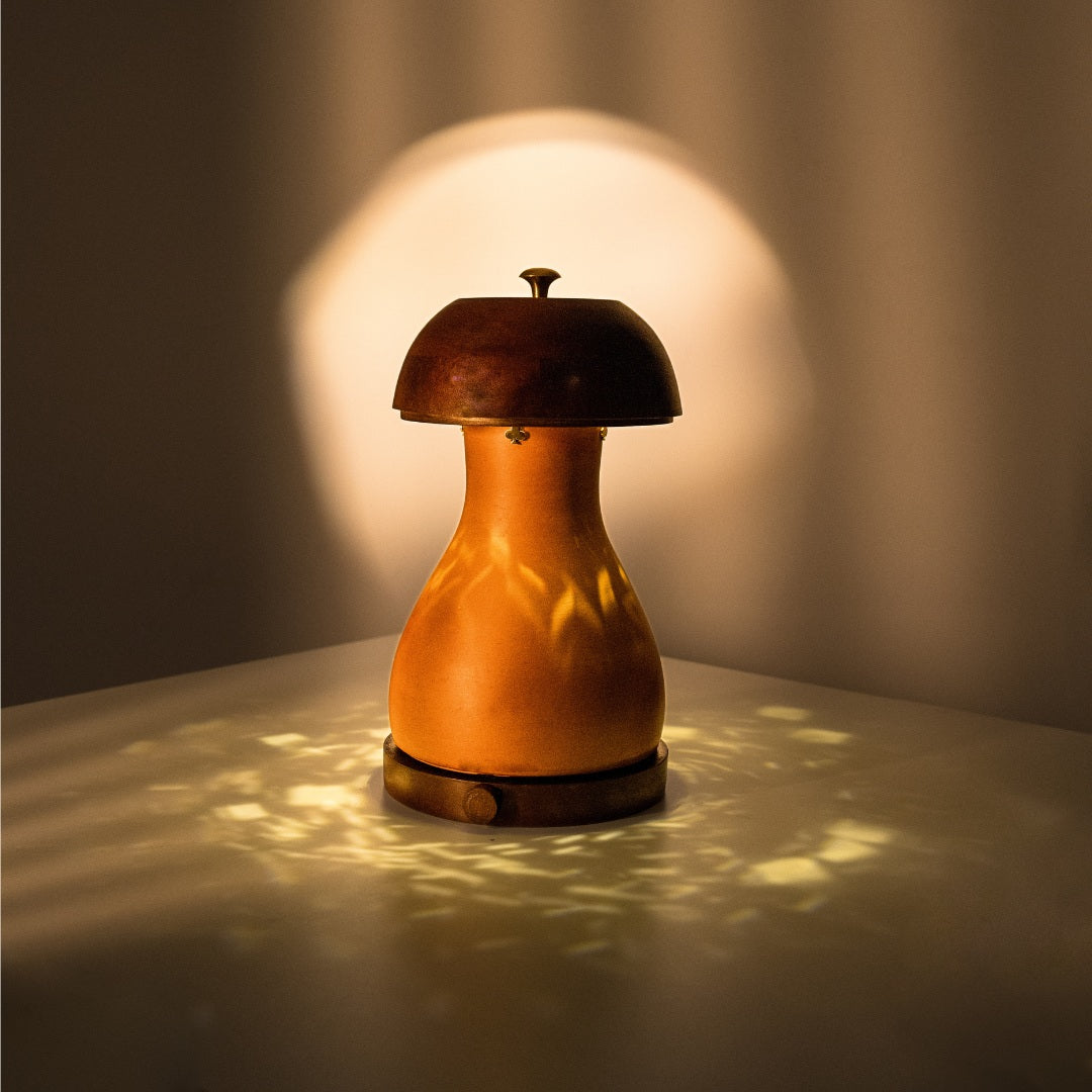 Handcrafted lamp with intricate lighting pattern